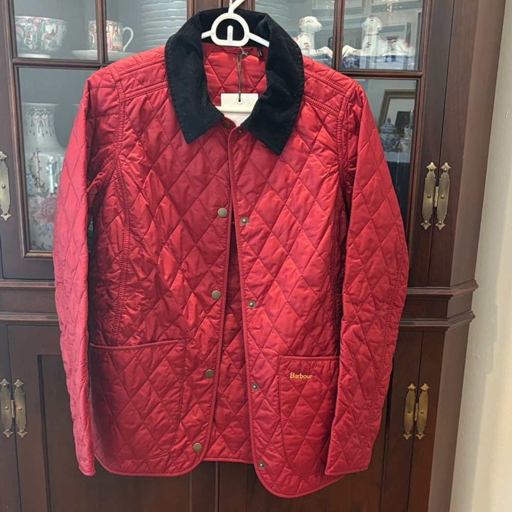 Barbour Red Quilted Jacket with Black Cord Collar